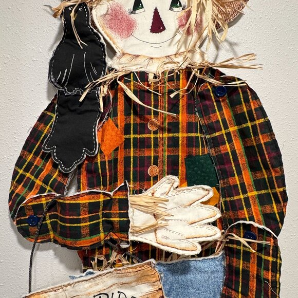 Handmade Vintage 48" Scarecrow Wall Decor Fabric Plaid Denim Articulated Hayride - Picture 7 of 13